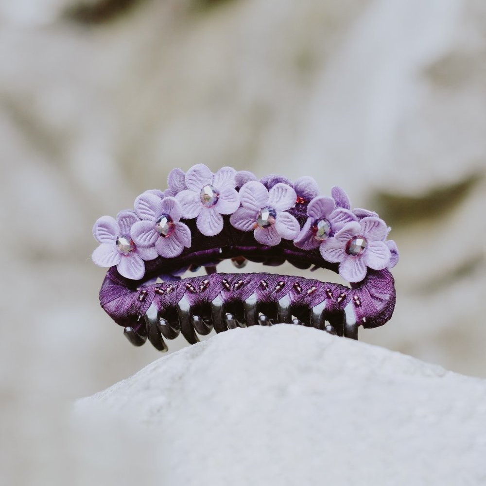 Handmade Dark Purple Floral Hair Claw Jaw Clip for Her Crystal Barrette Clip
